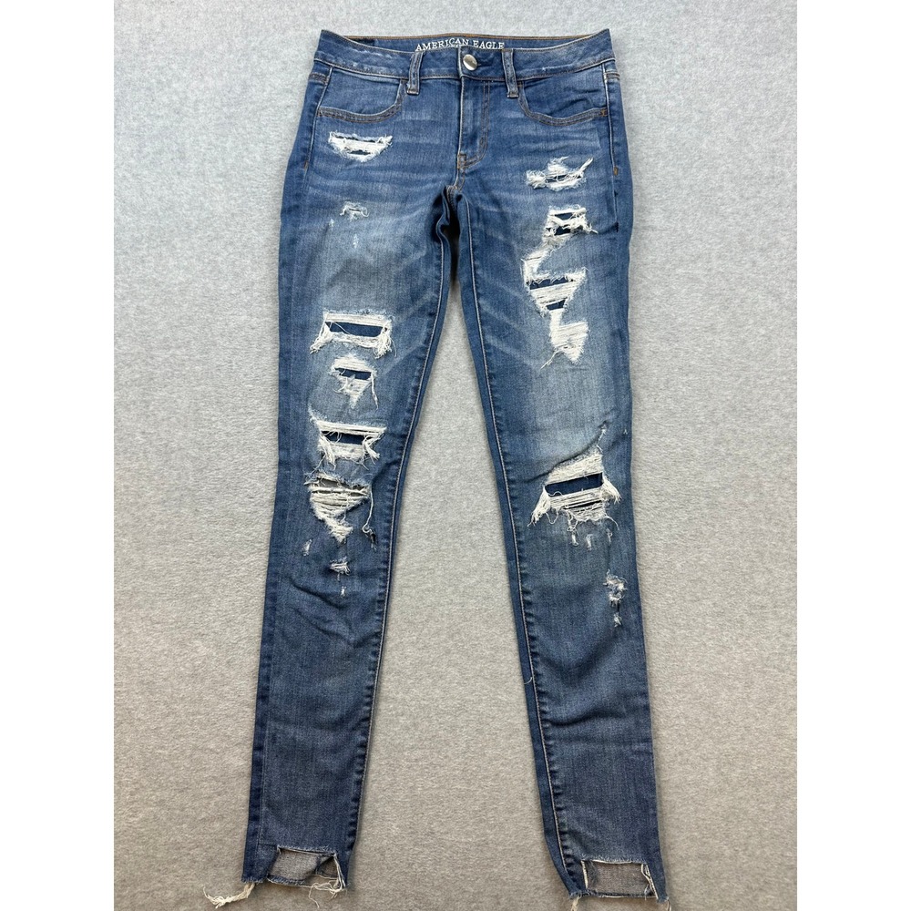 American Eagle Super Super Stretch Skinny Distressed Jeans Blue Womens 6 X-Long